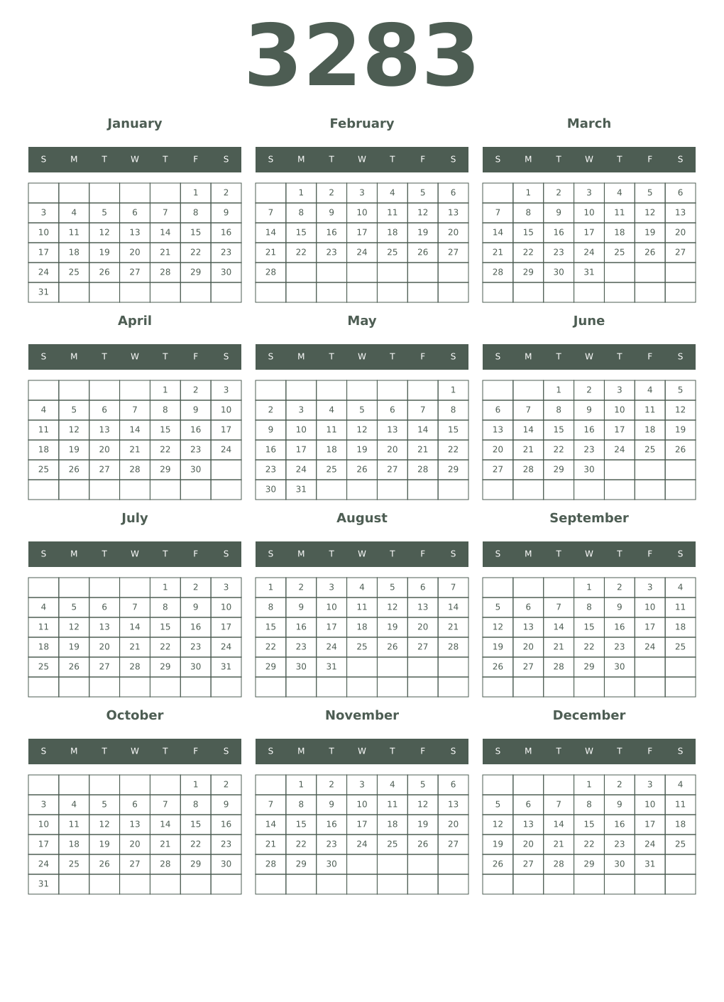 Printable 3283 Year Calendars feldgrau