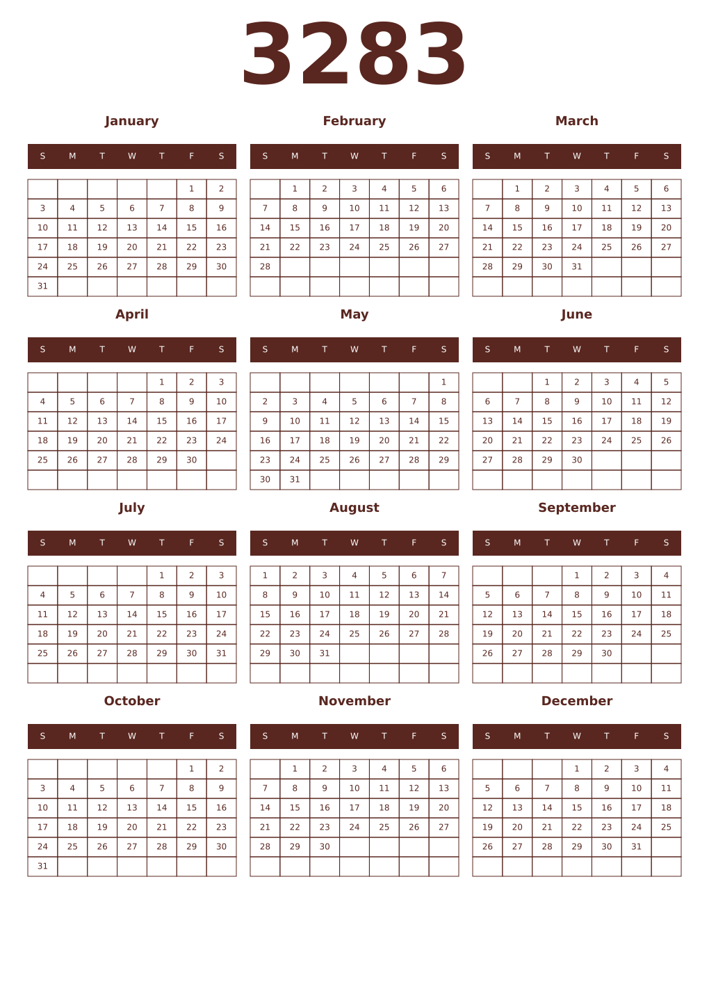 Printable 3283 Year Calendars mortuum