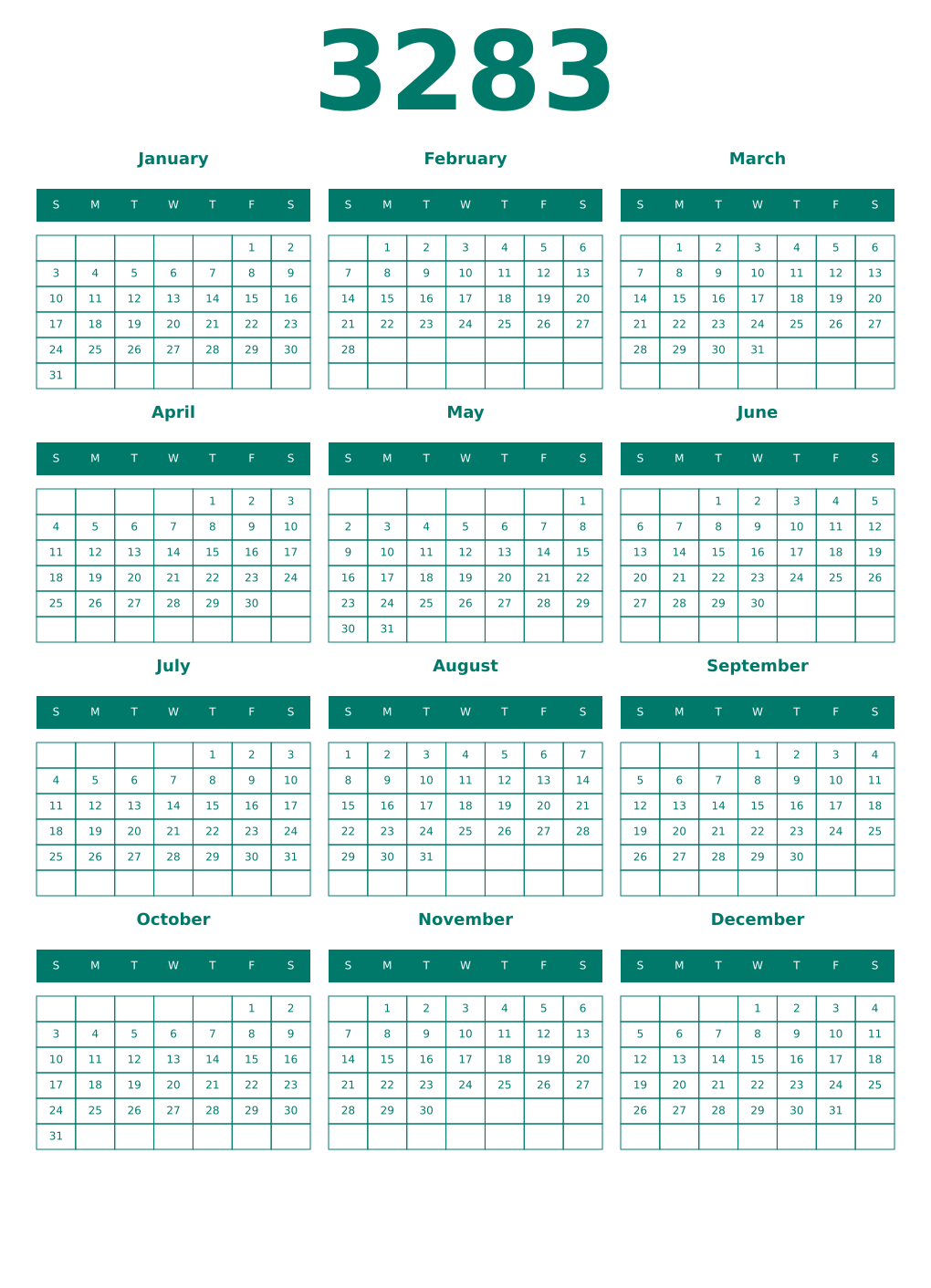Printable 3283 Year Calendars pastel