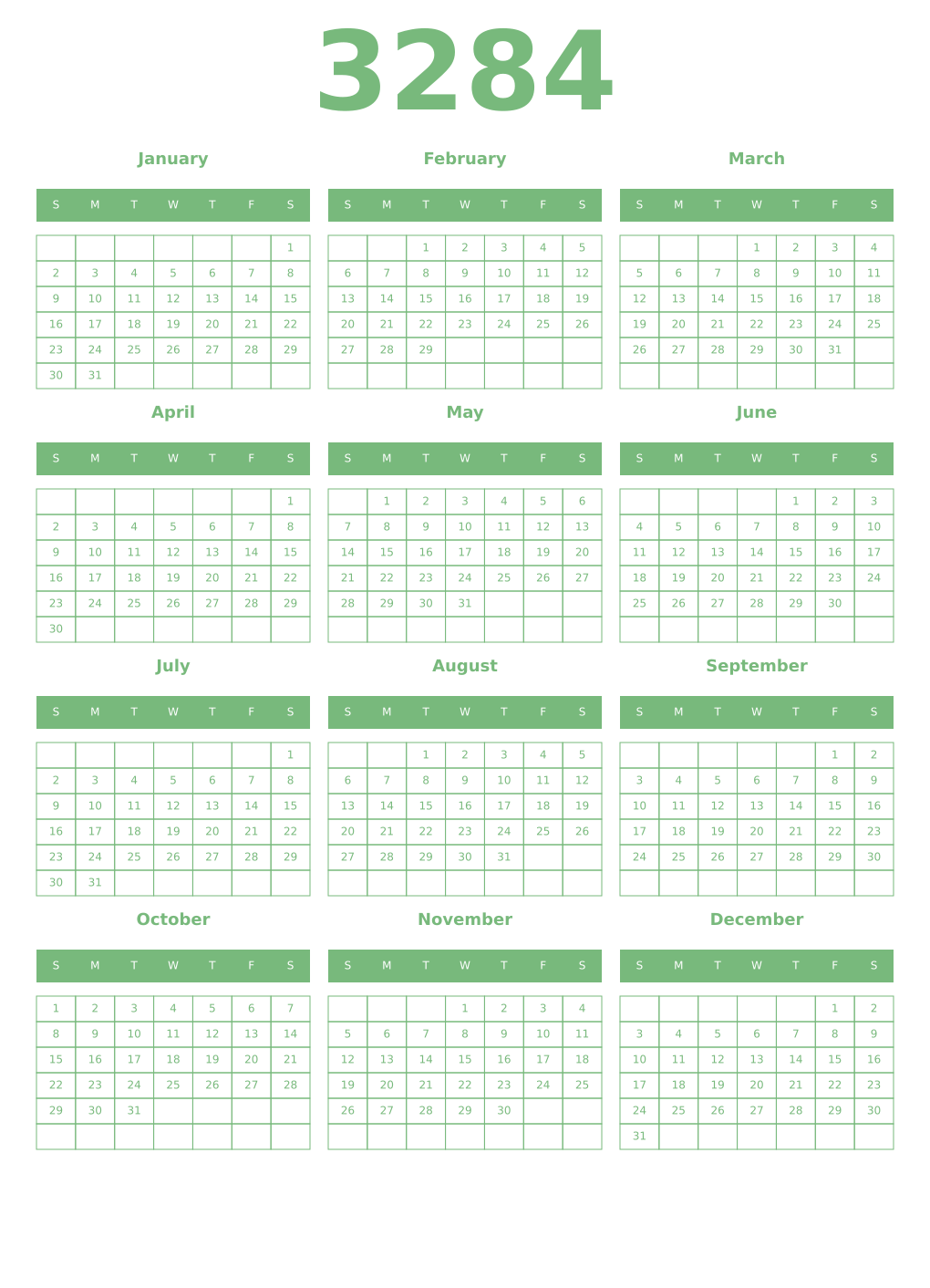 Printable 3284 Year Calendars celadon