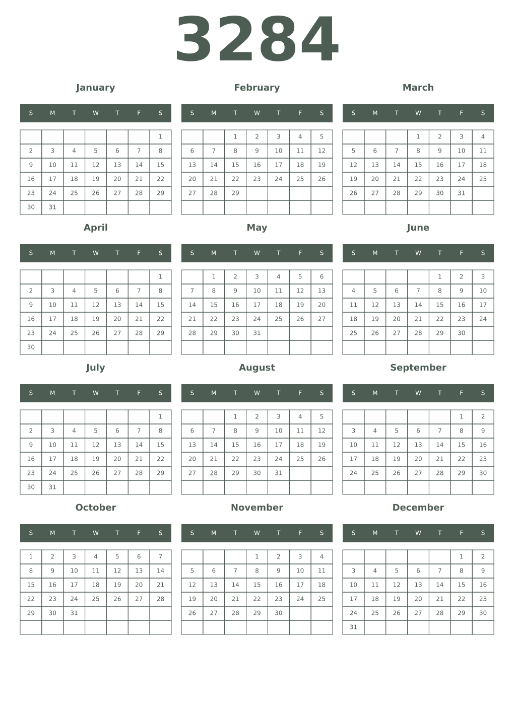 Printable 3284 Year Calendars feldgrau