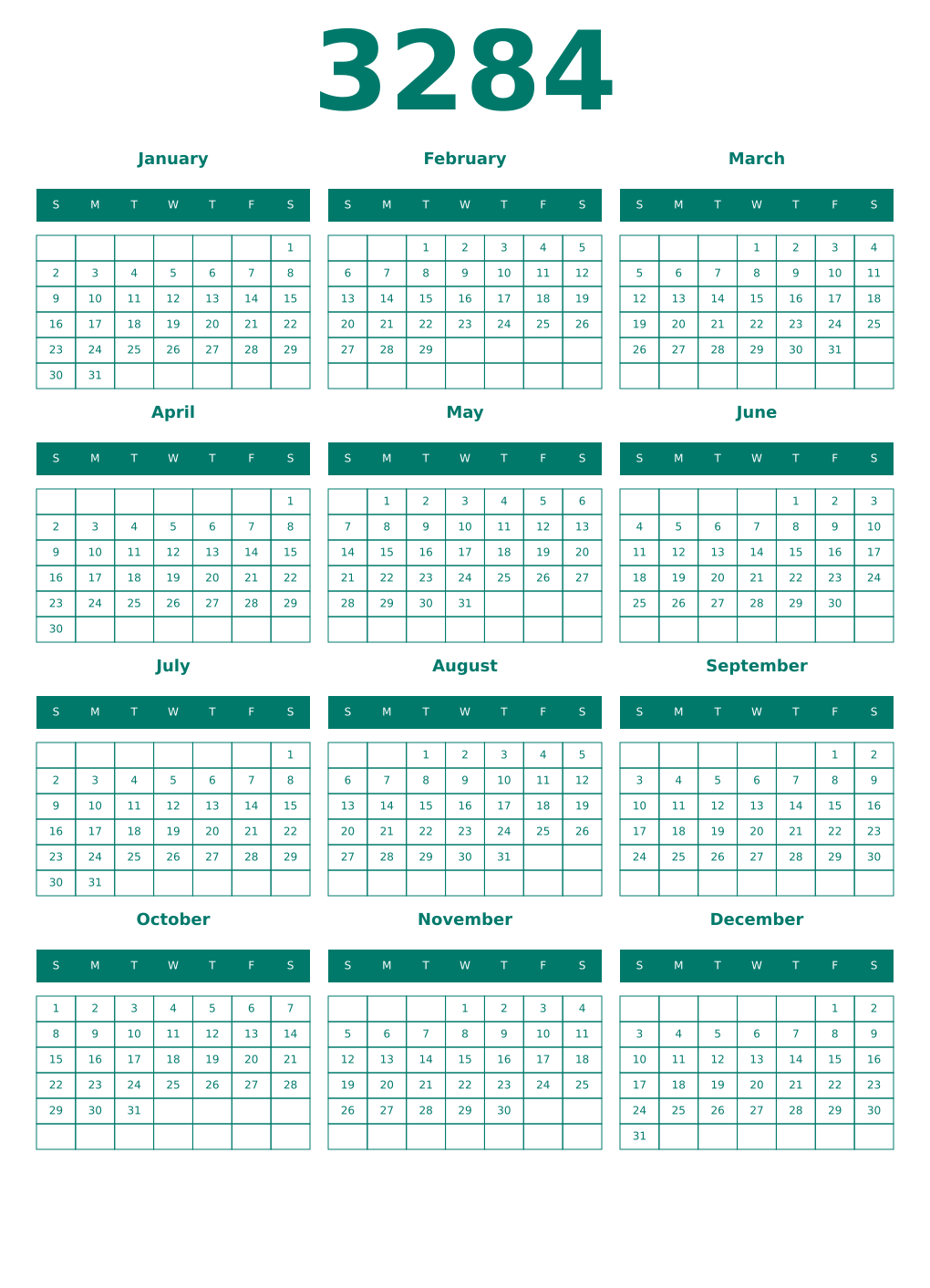 Printable 3284 Year Calendars pastel