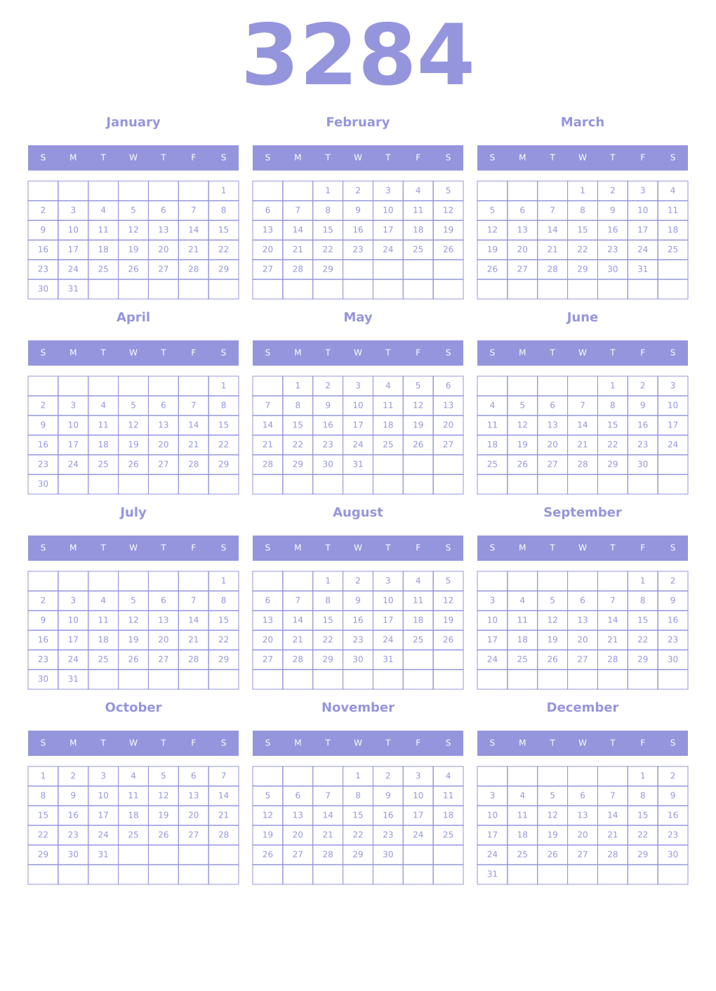 Printable 3284 Year Calendars periwinkle