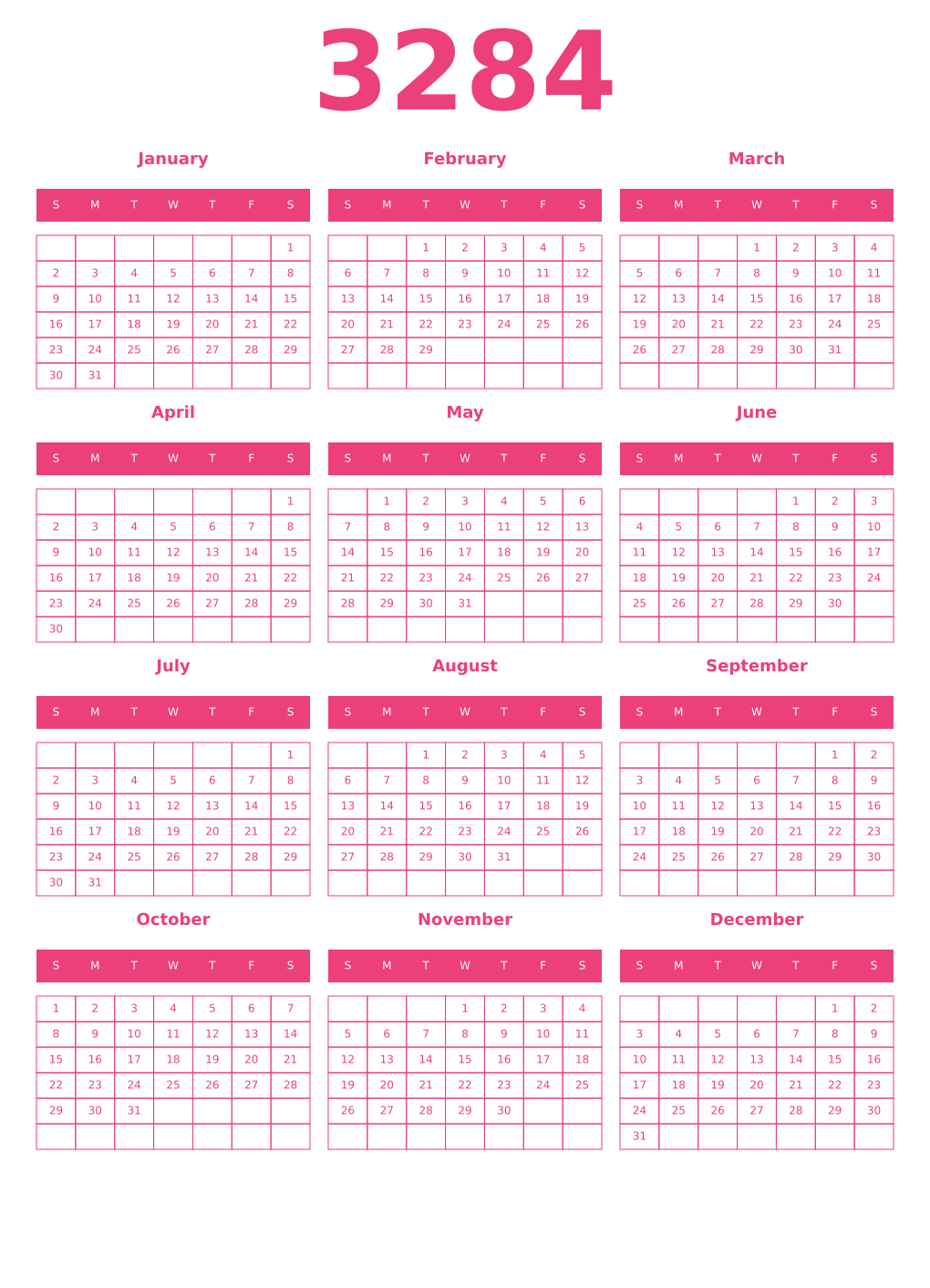 Printable 3284 Year Calendars pink