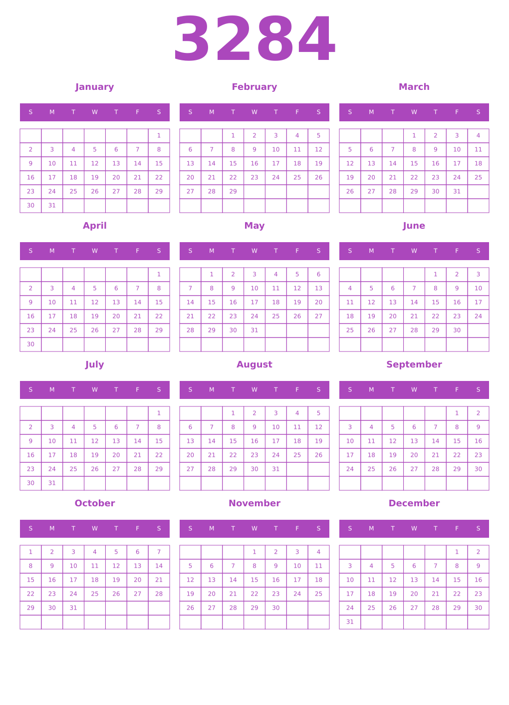 Printable 3284 Year Calendars purple