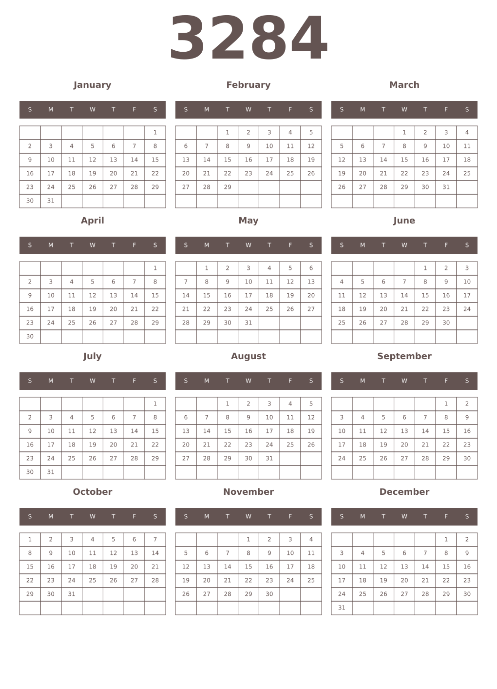 Printable 3284 Year Calendars wenge