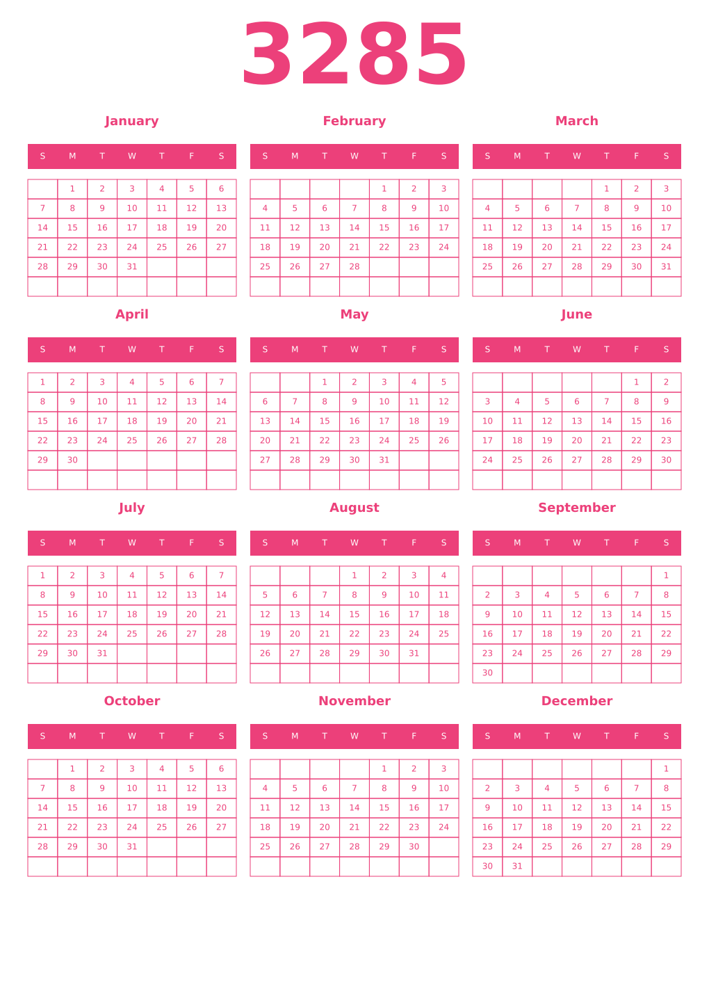 Printable 3285 Year Calendars pink