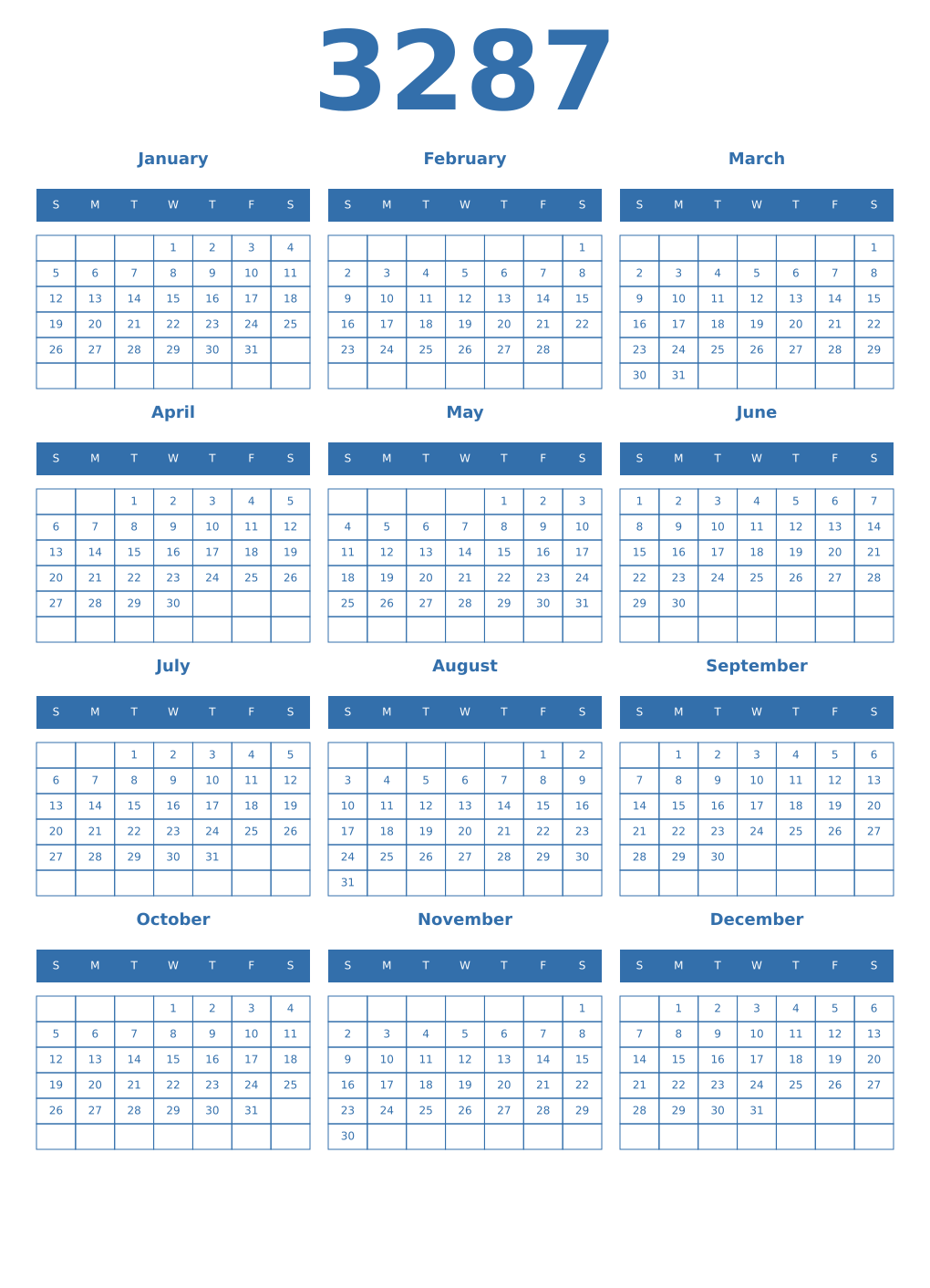 Printable 3287 Year Calendars blue
