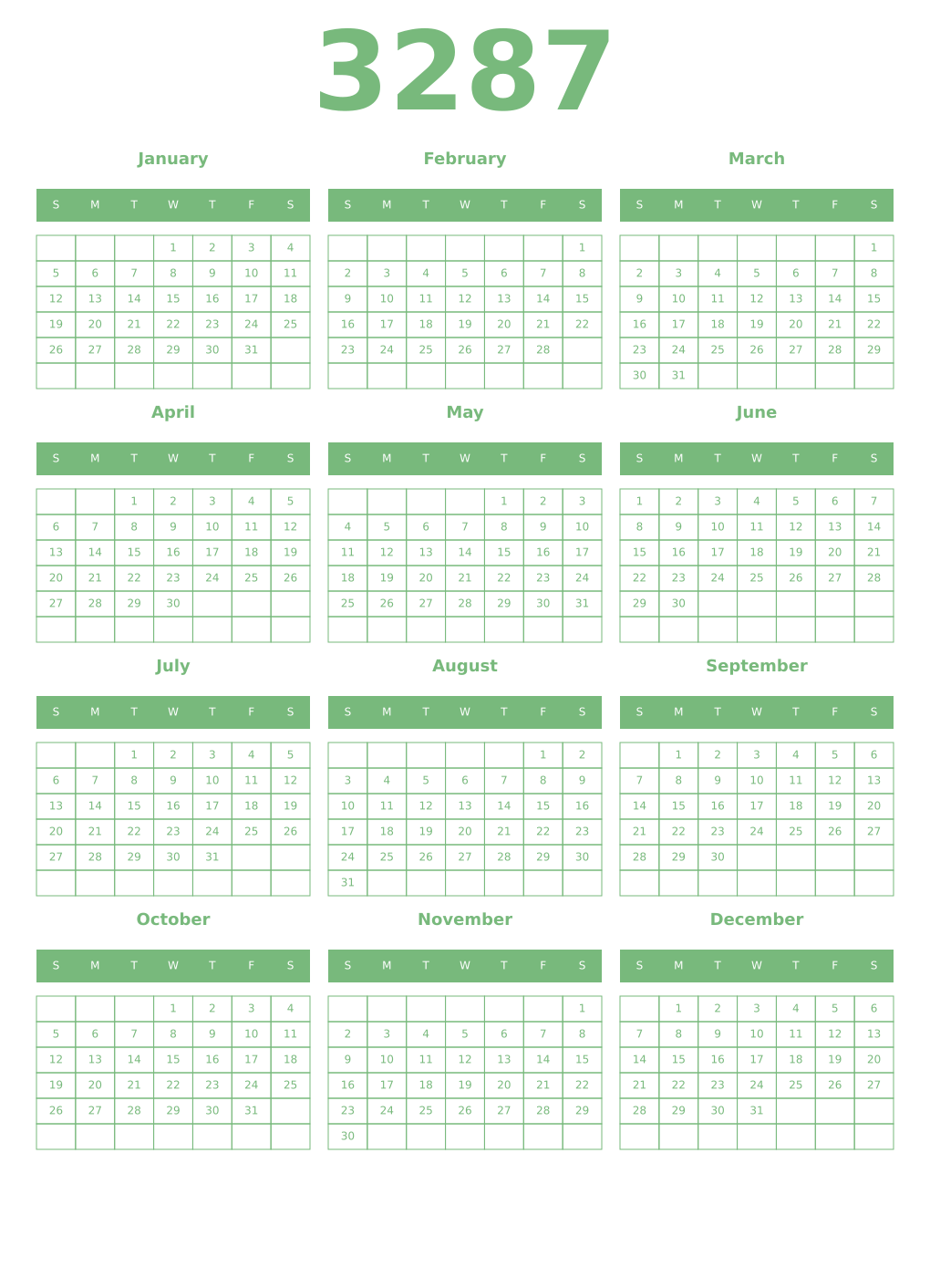 Printable 3287 Year Calendars celadon