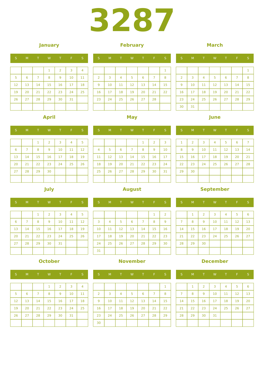 Printable 3287 Year Calendars chartreuse