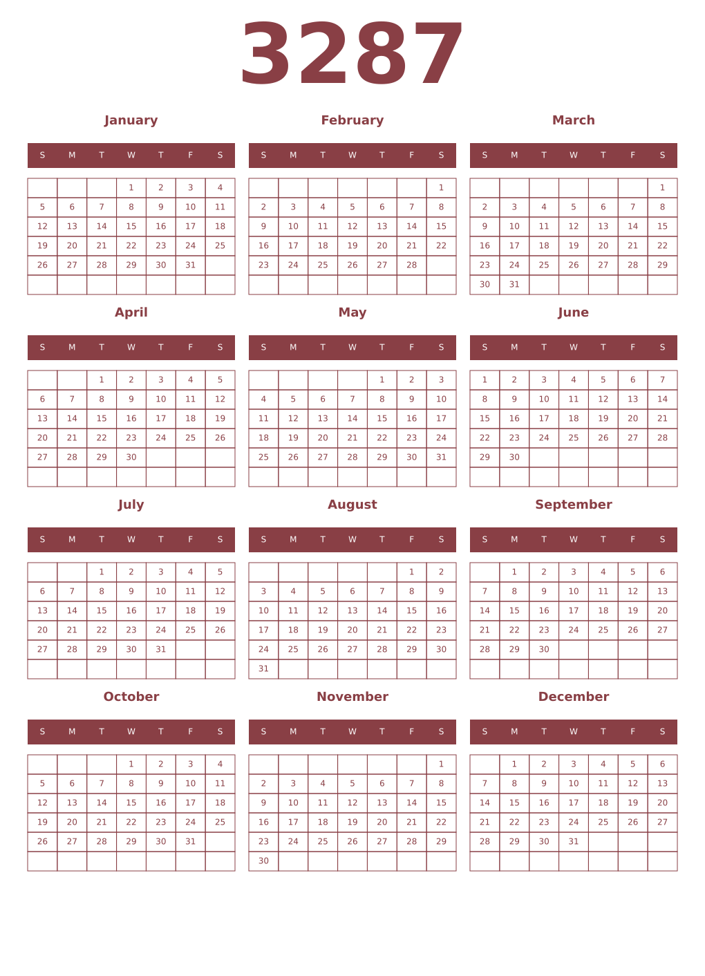 Printable 3287 Year Calendars cordovan