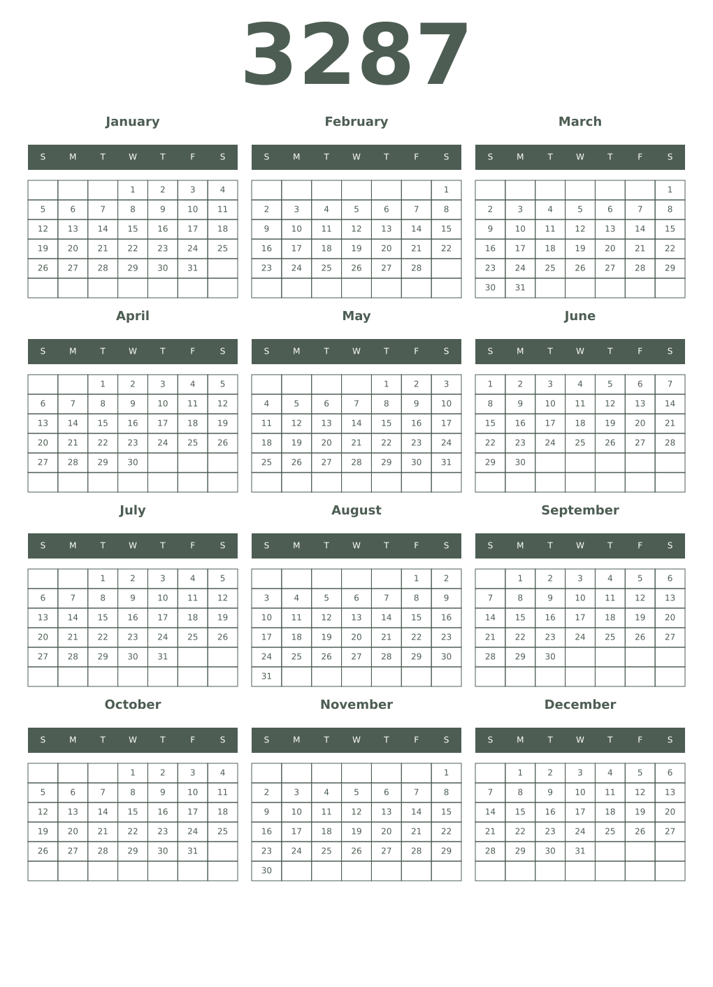 Printable 3287 Year Calendars feldgrau