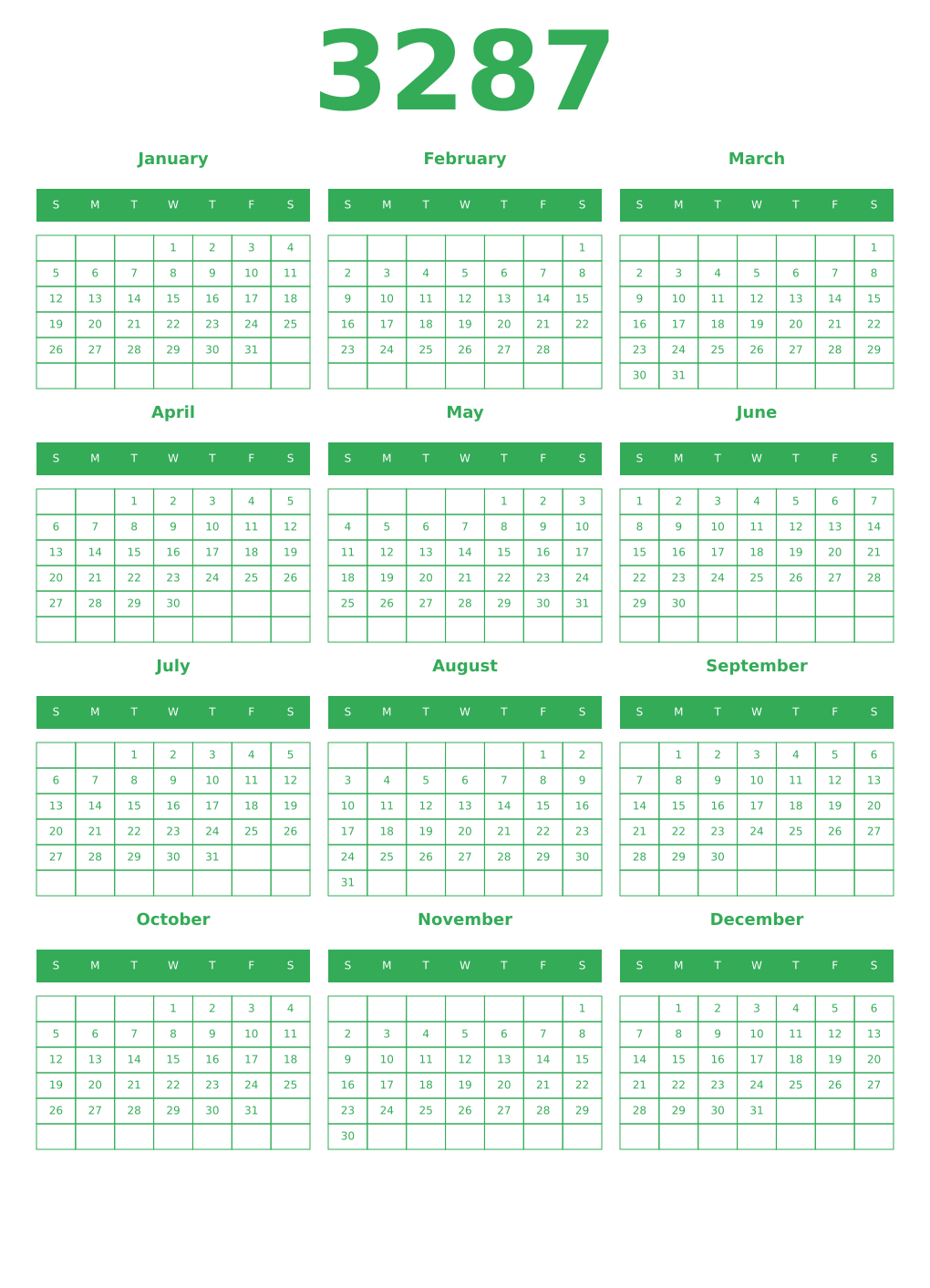 Printable 3287 Year Calendars green