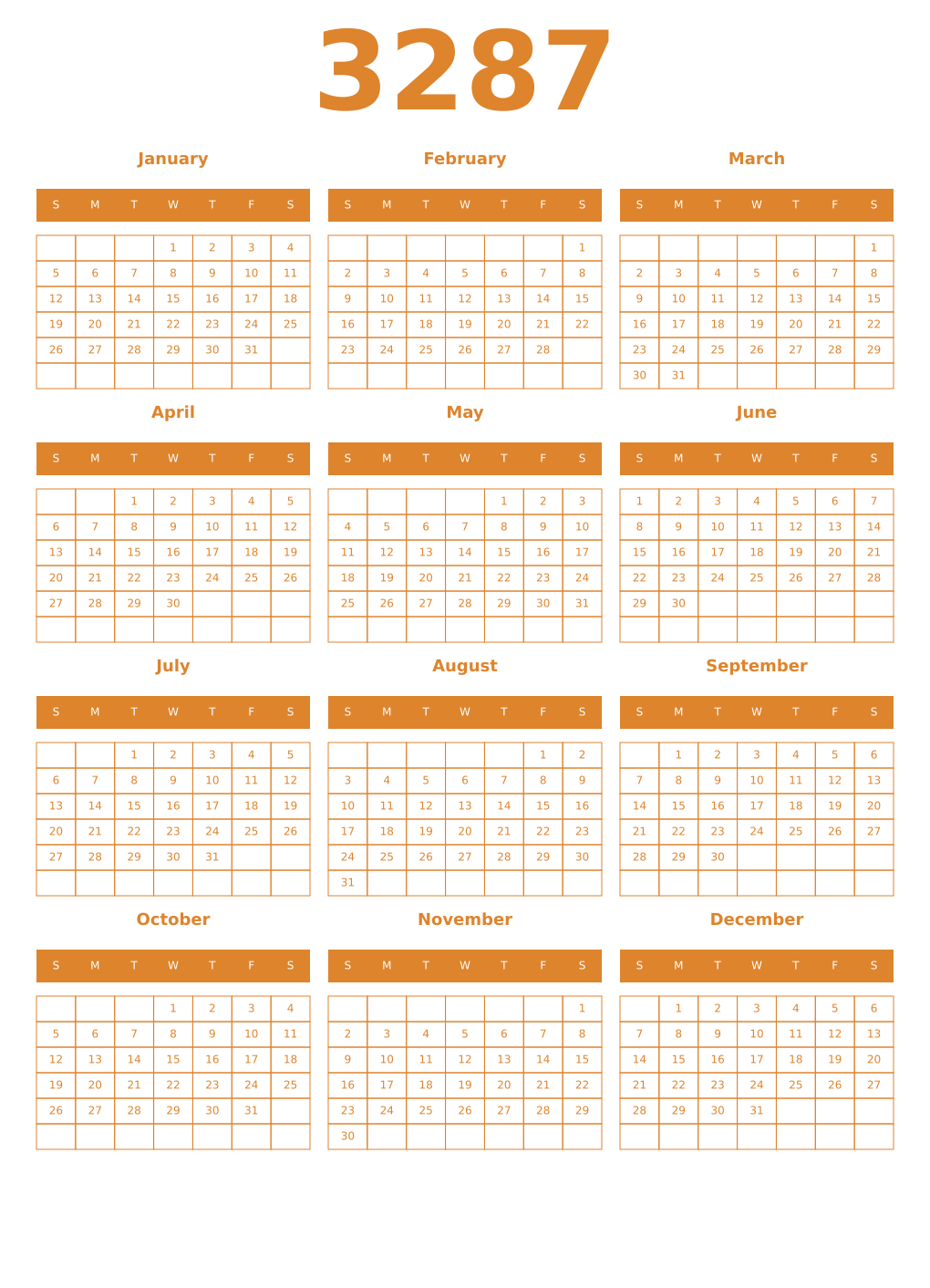 Printable 3287 Year Calendars orange