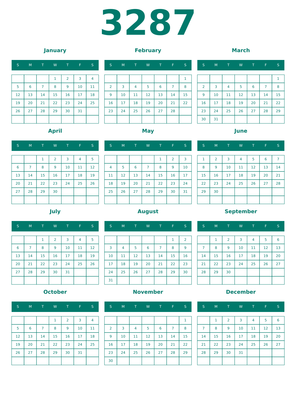 Printable 3287 Year Calendars pastel
