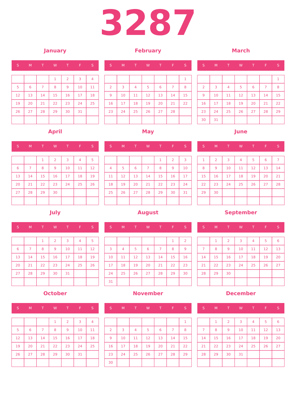 Printable 3287 Year Calendars pink