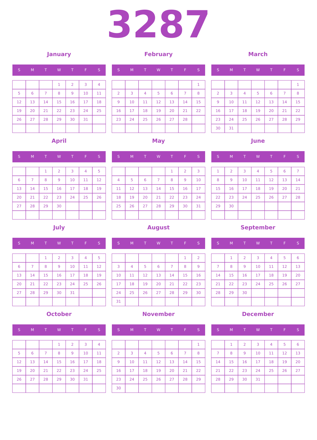 Printable 3287 Year Calendars purple