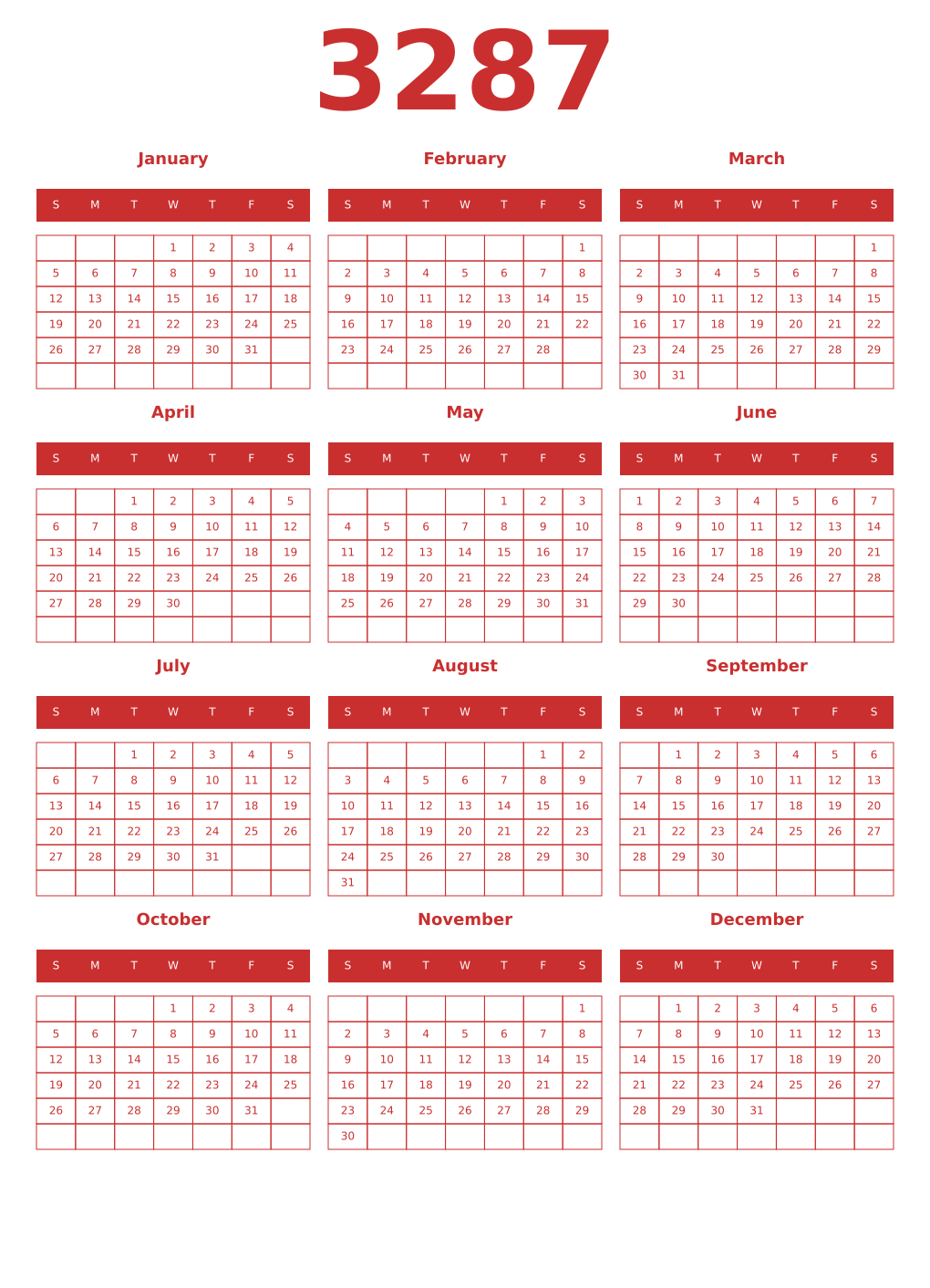 Printable 3287 Year Calendars red