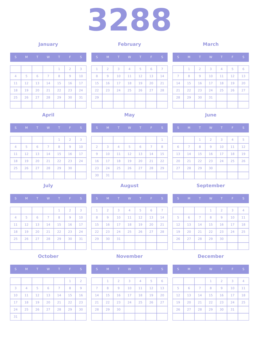 Printable 3288 Year Calendars periwinkle