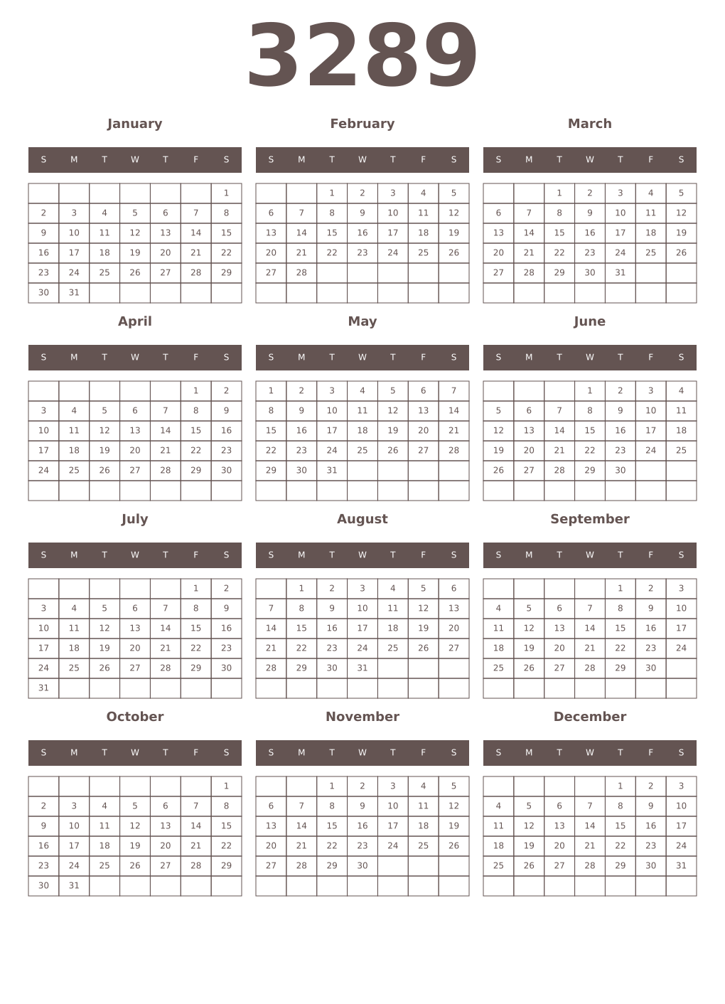 Printable 3289 Year Calendars wenge