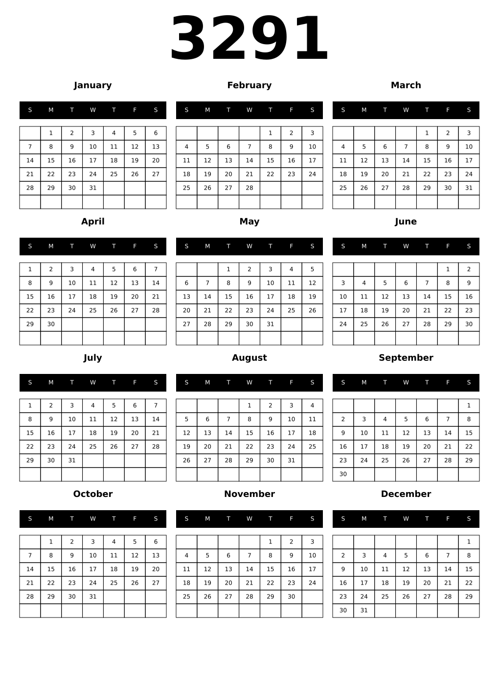 Printable 3291 Year Calendars black