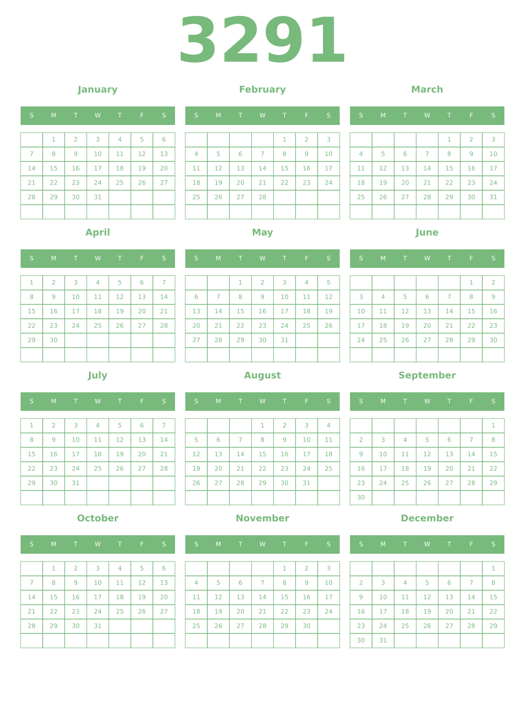 Printable 3291 Year Calendars celadon
