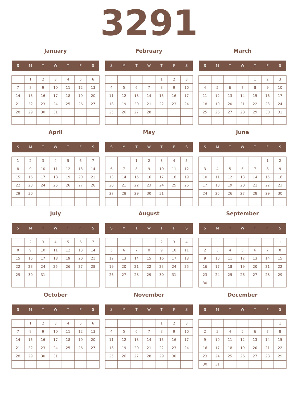 Printable 3291 Year Calendars coffe
