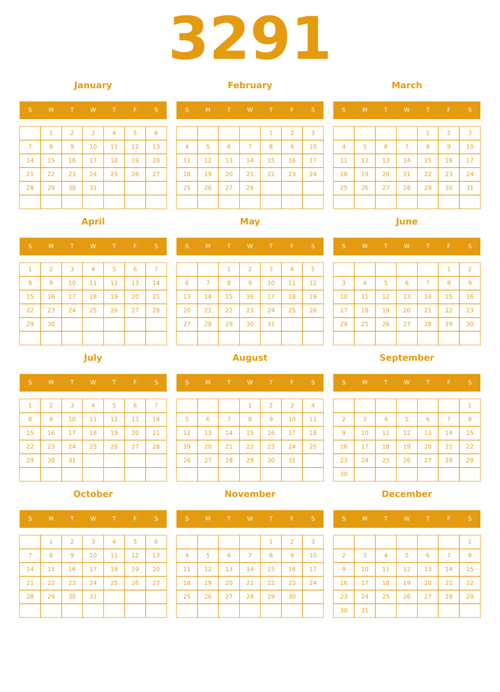 Printable 3291 Year Calendars gamboge