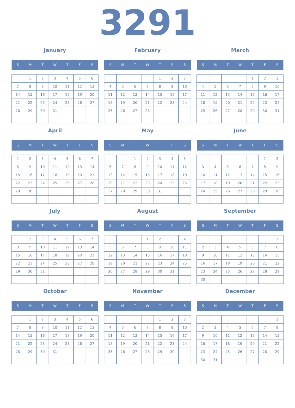Printable 3291 Year Calendars glaucous