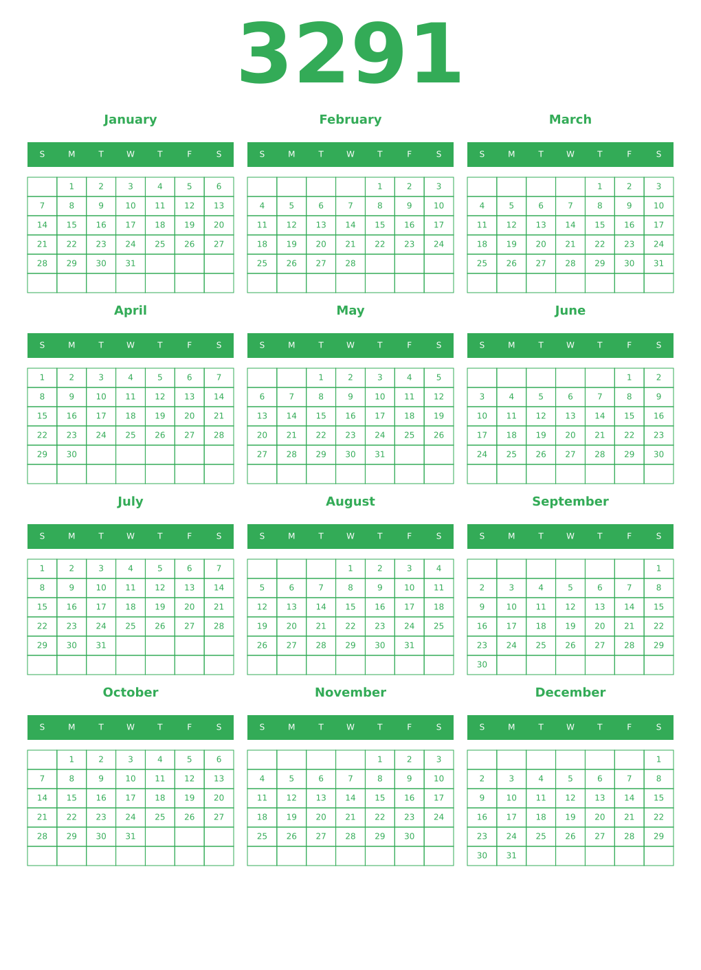 Printable 3291 Year Calendars green