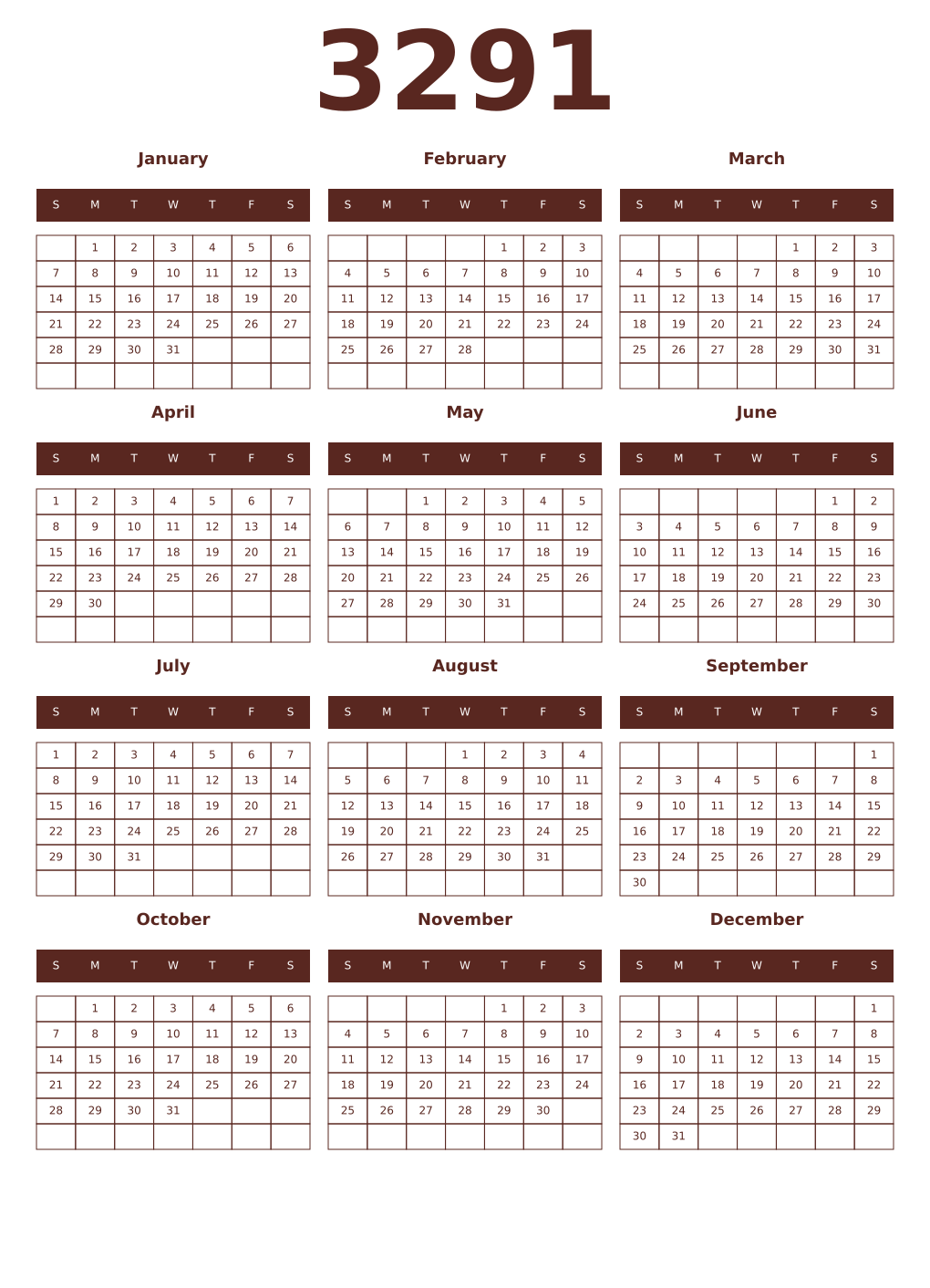Printable 3291 Year Calendars mortuum