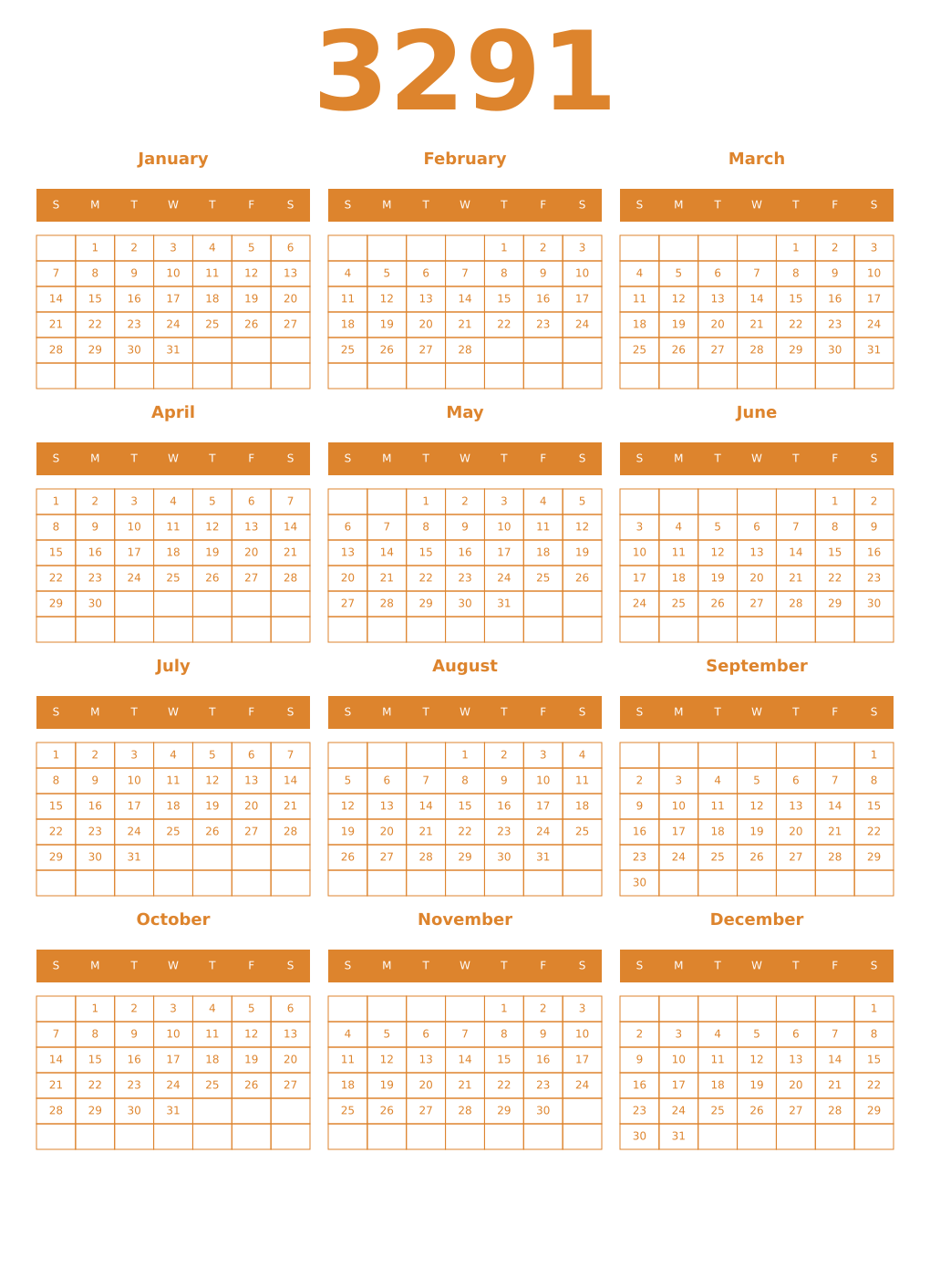 Printable 3291 Year Calendars orange