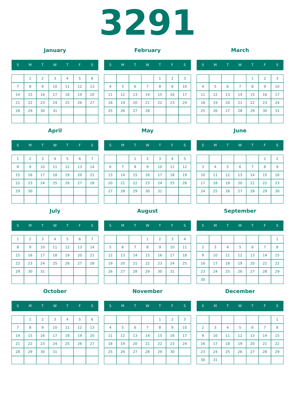 Printable 3291 Year Calendars pastel