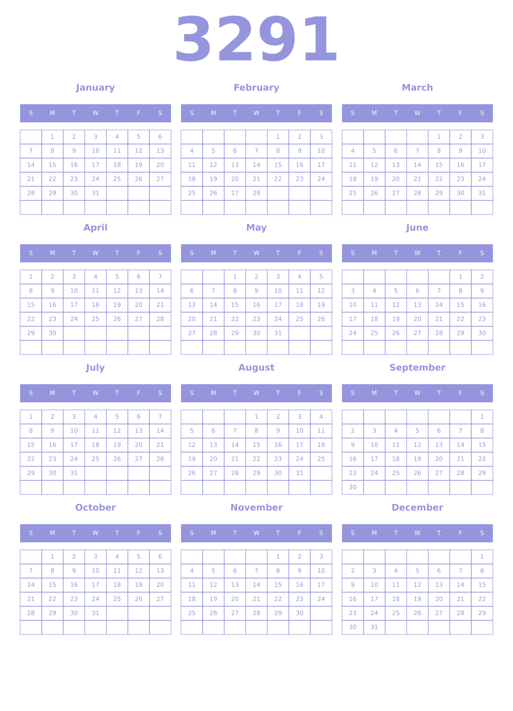 Printable 3291 Year Calendars periwinkle