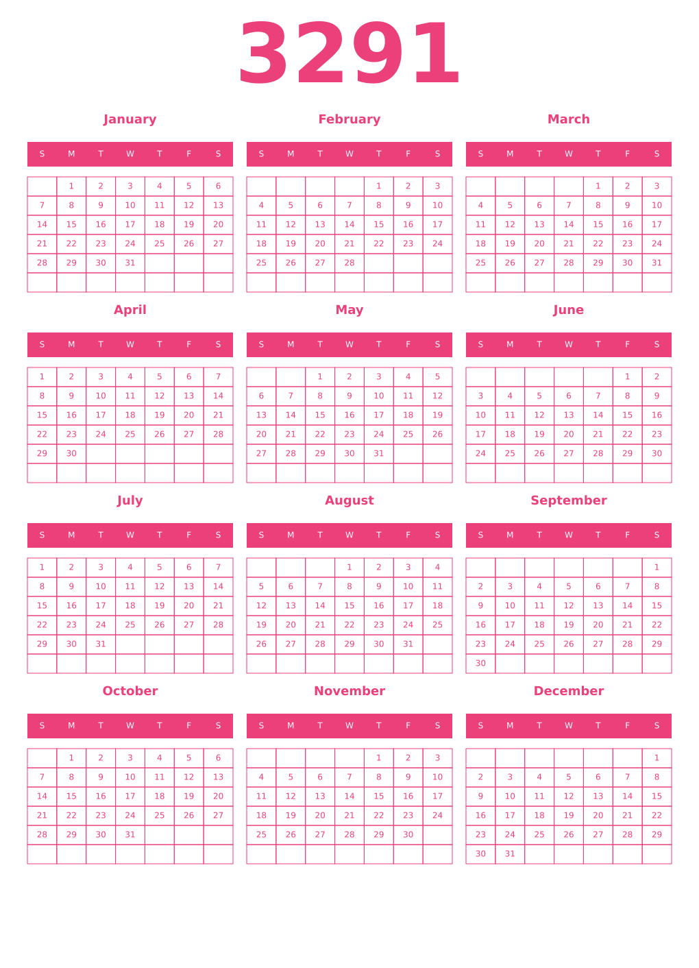 Printable 3291 Year Calendars pink