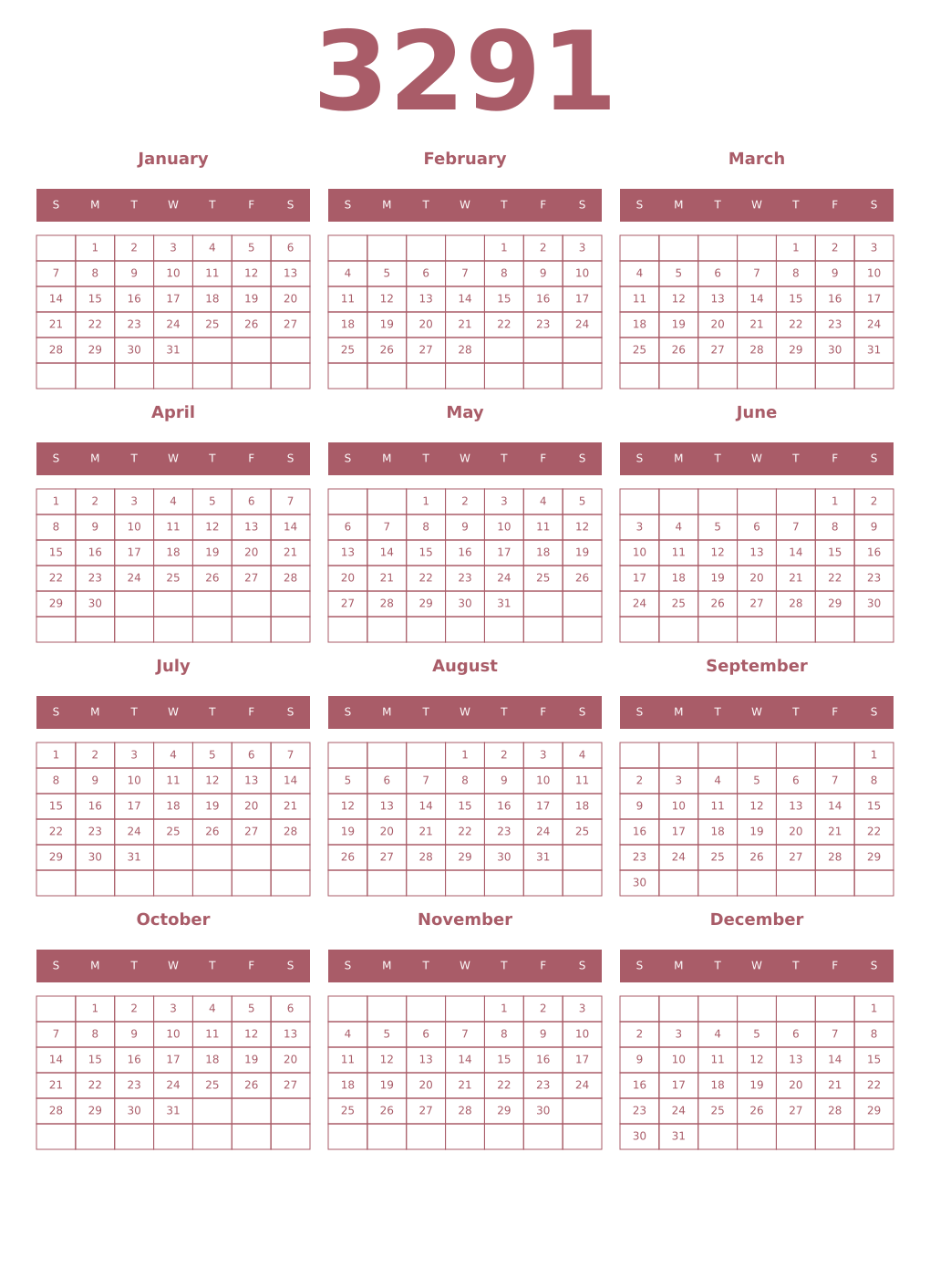 Printable 3291 Year Calendars puce