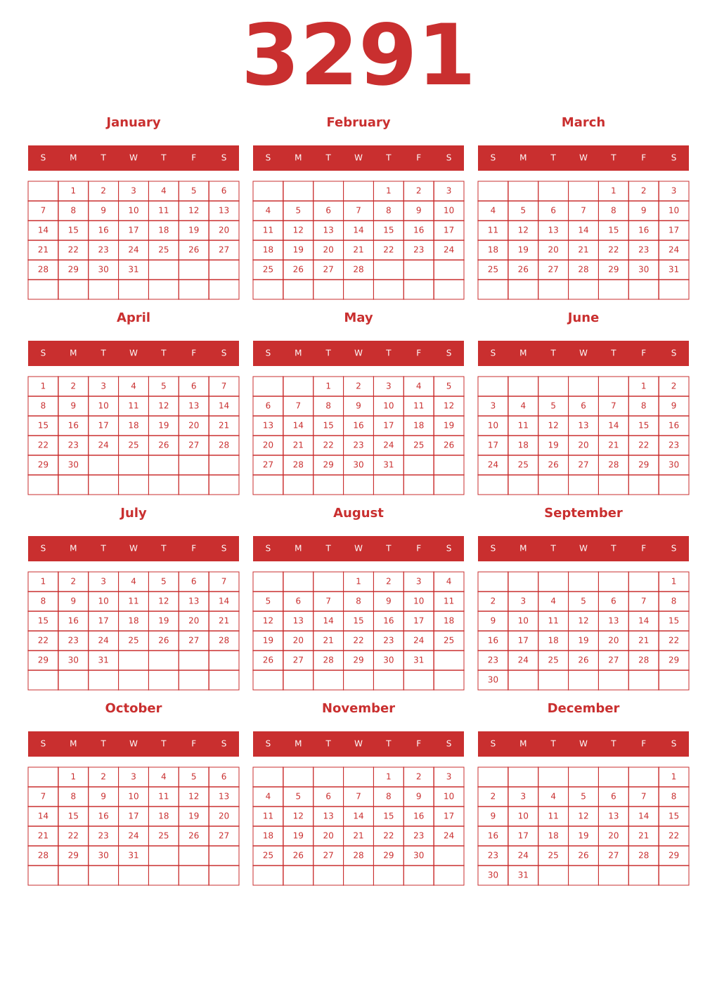 Printable 3291 Year Calendars red