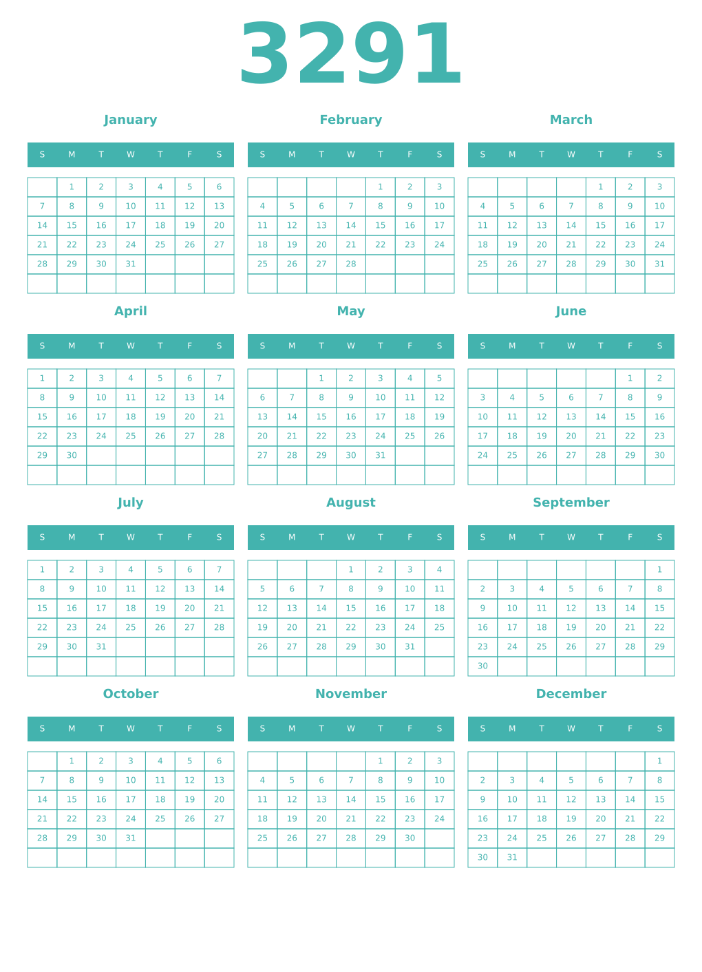 Printable 3291 Year Calendars verdigris