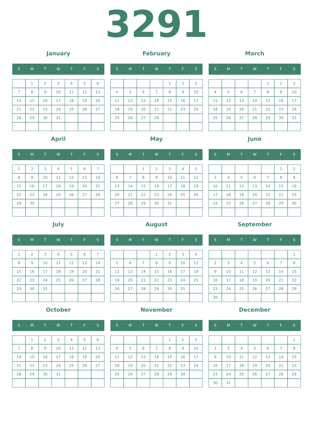 Printable 3291 Year Calendars viridian