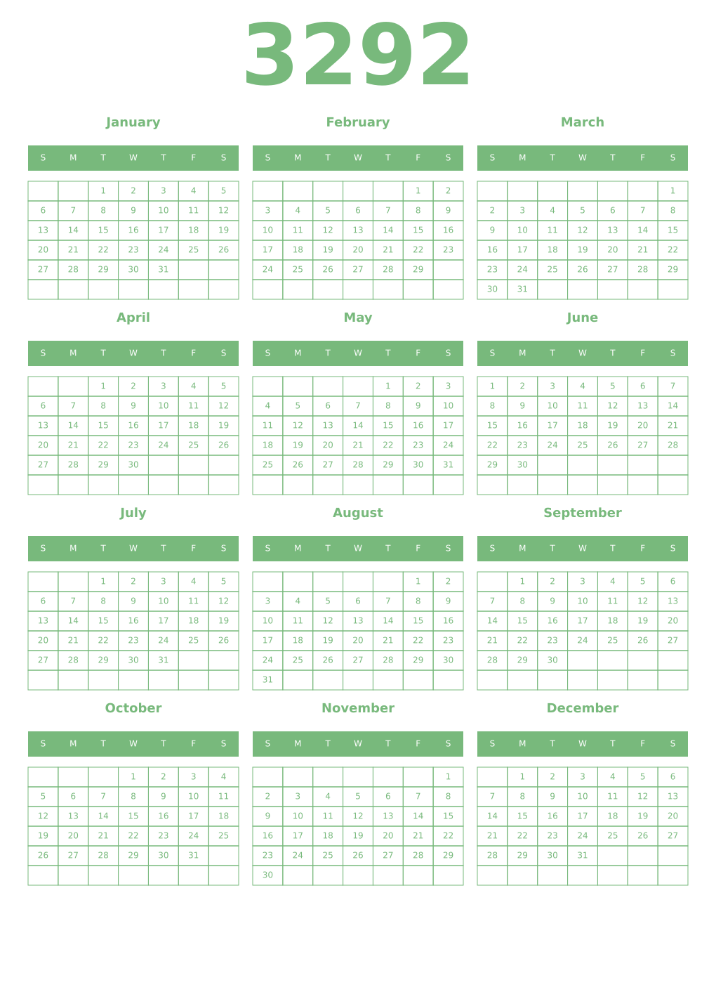 Printable 3292 Year Calendars celadon