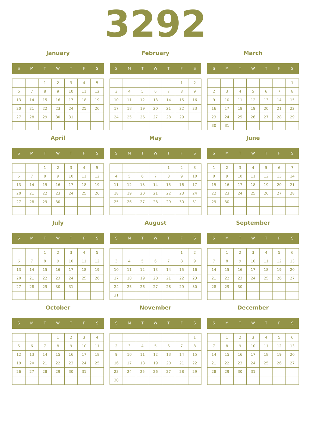 Printable 3292 Year Calendars eburnean
