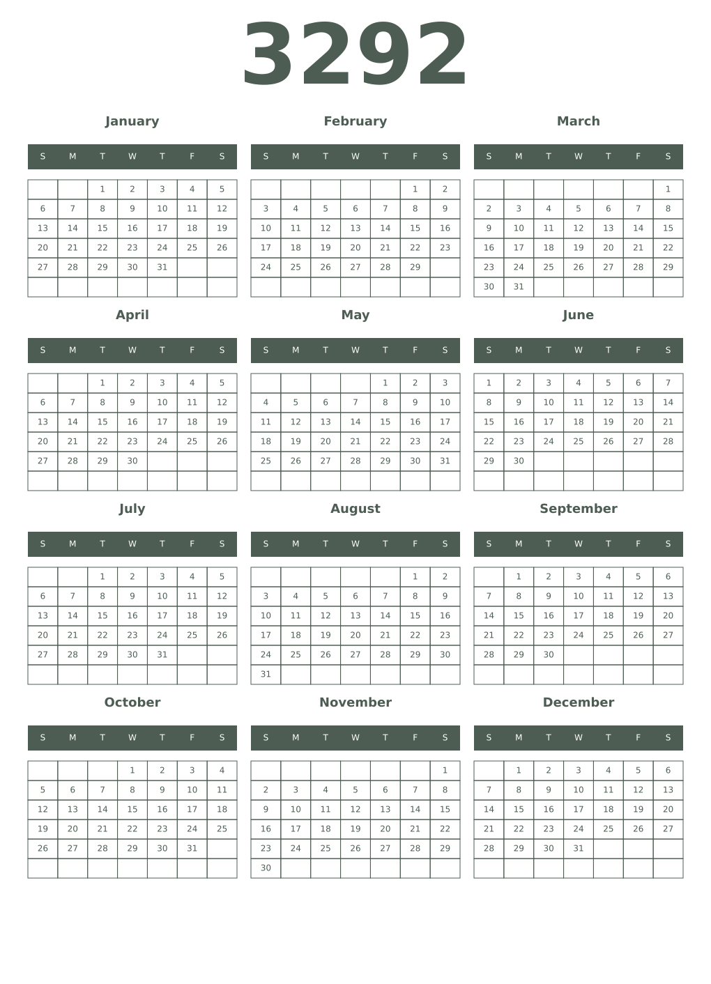 Printable 3292 Year Calendars feldgrau