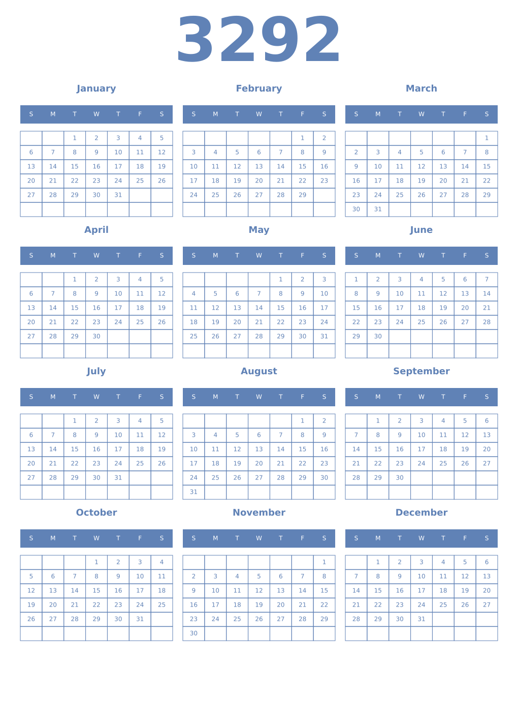 Printable 3292 Year Calendars glaucous