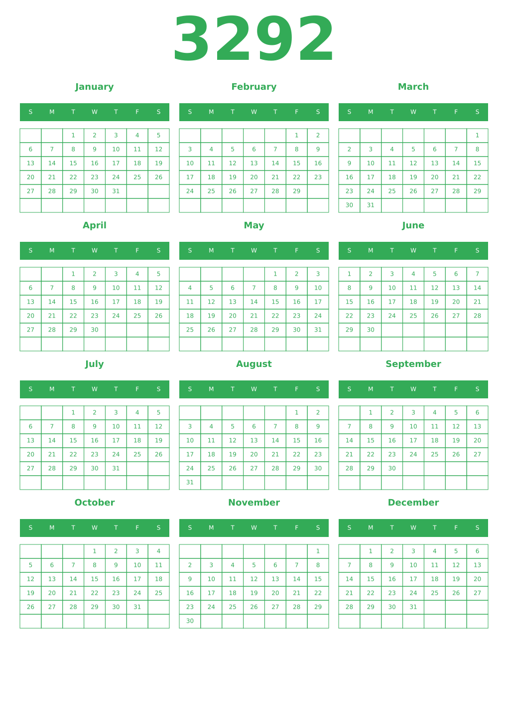Printable 3292 Year Calendars green
