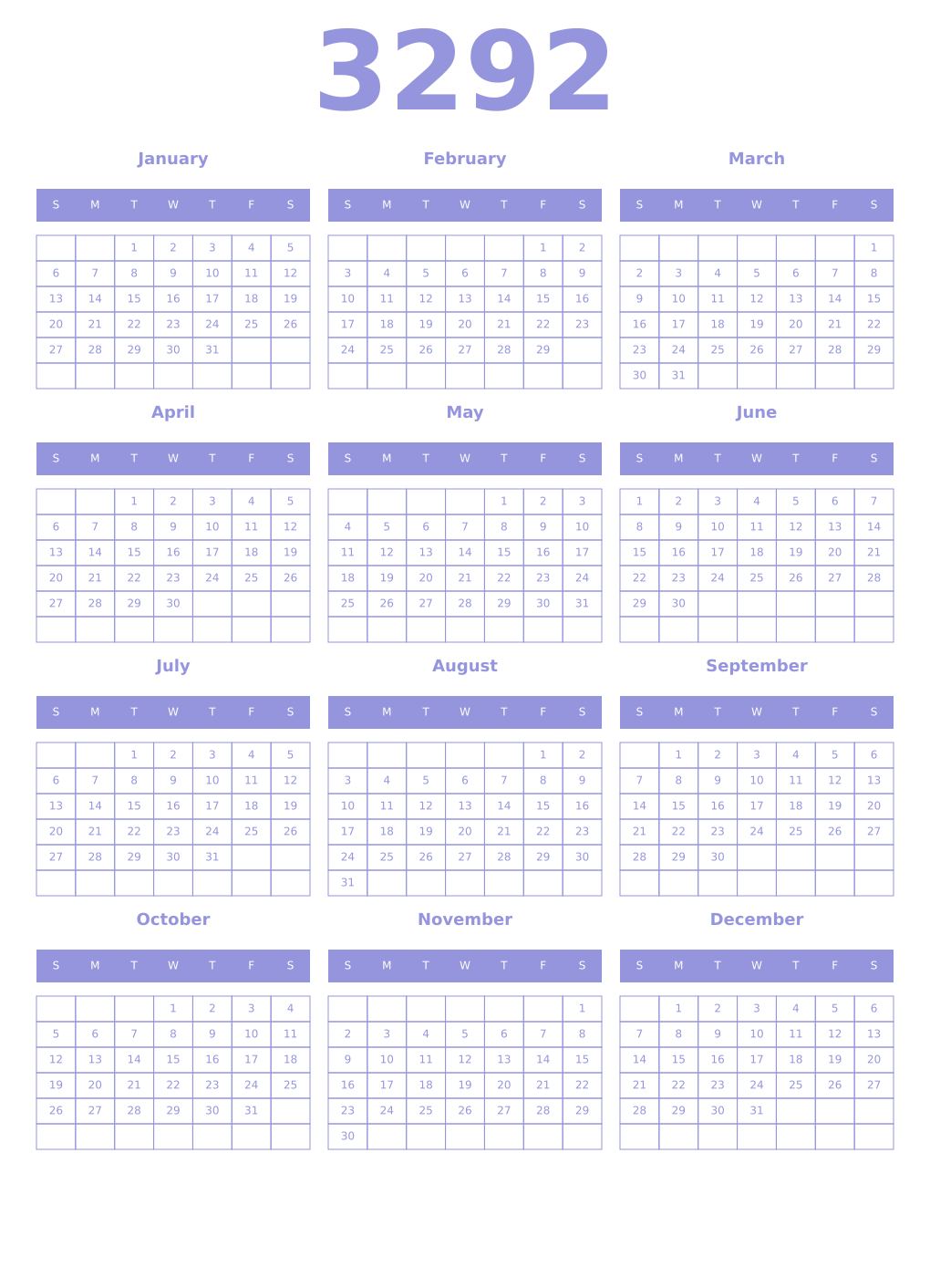 Printable 3292 Year Calendars periwinkle
