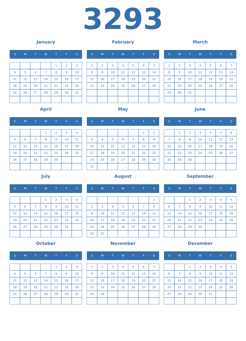 Printable 3293 Year Calendars blue