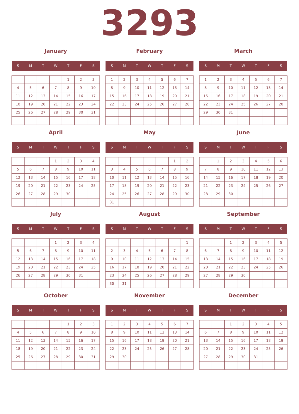 Printable 3293 Year Calendars cordovan