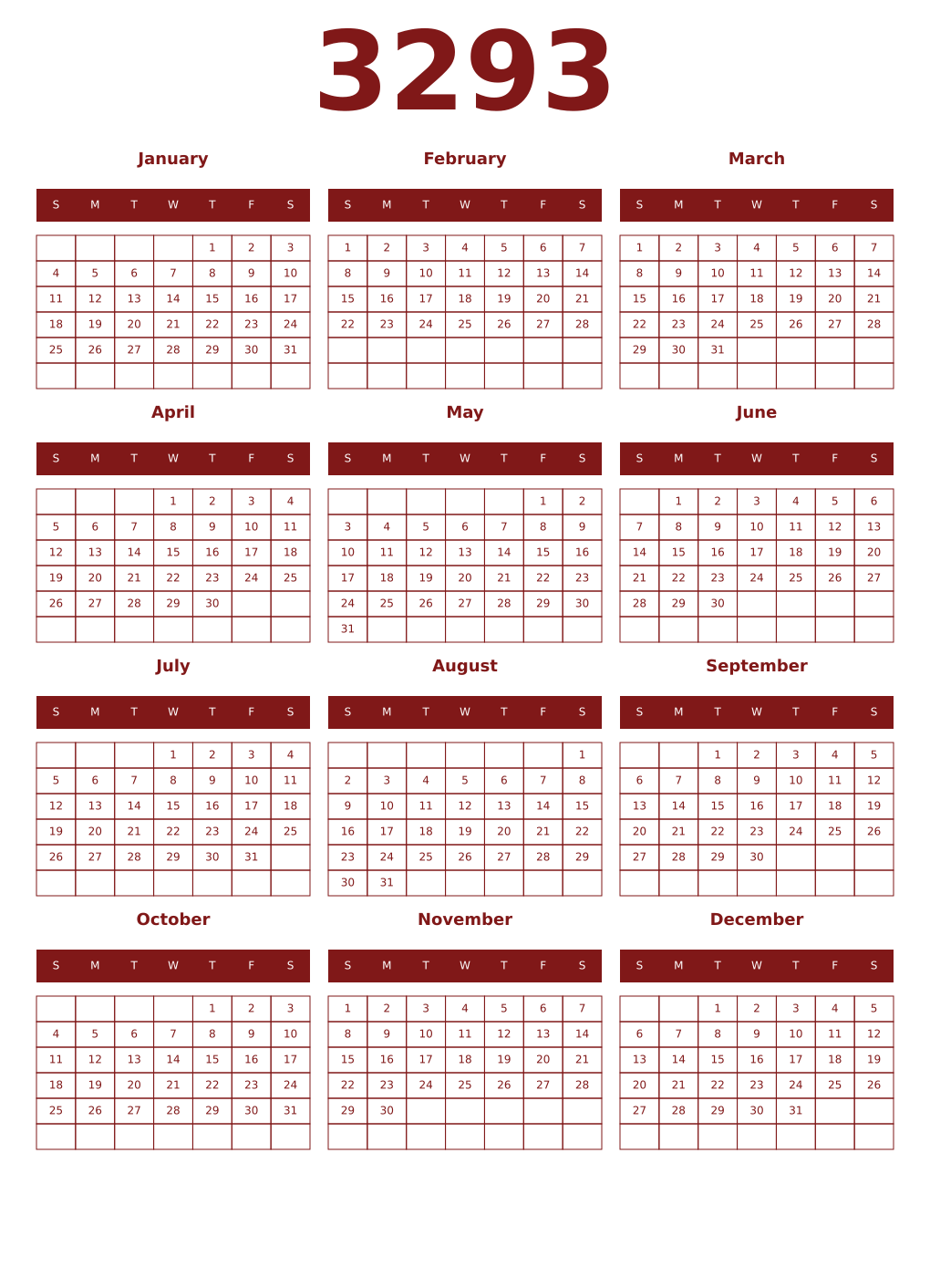 Printable 3293 Year Calendars falu