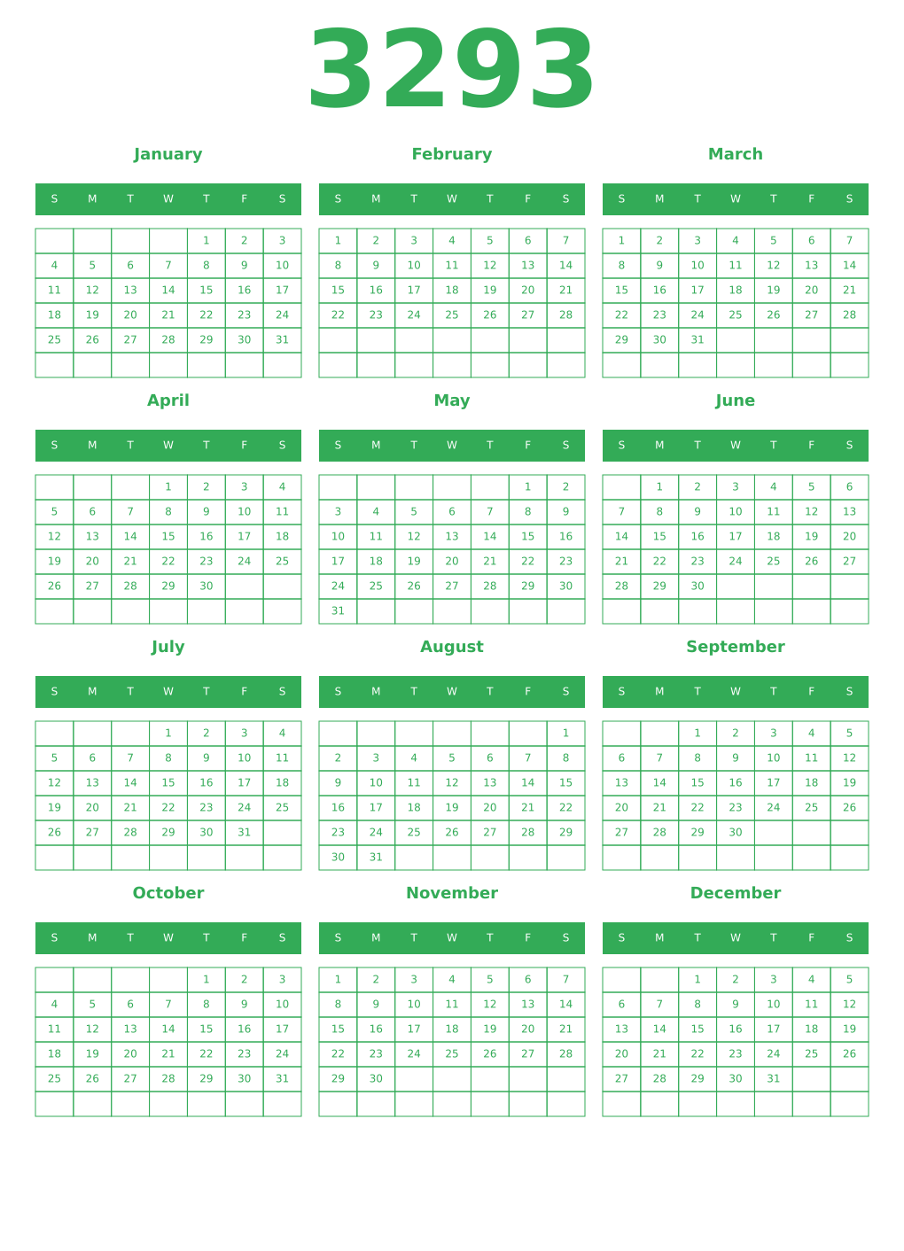 Printable 3293 Year Calendars green