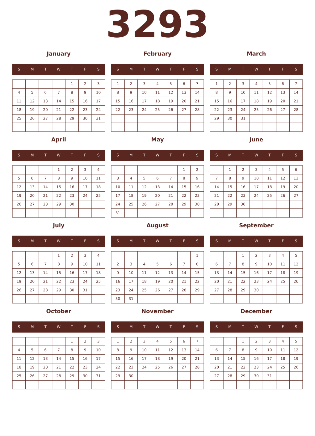 Printable 3293 Year Calendars mortuum
